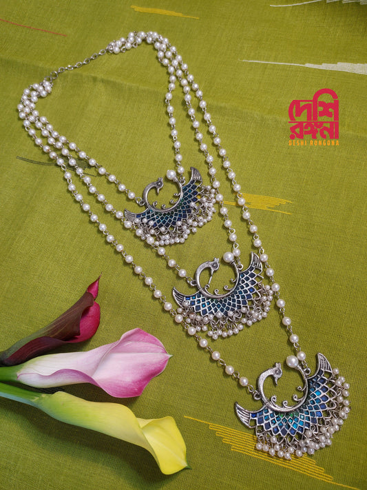 Oxidised Jewelry, Peacock theme Faux pearl Multi Layered, Meenakari,Antique Silver Plated Long Necklace, Adjustable,Indian Bollywood Jewelry