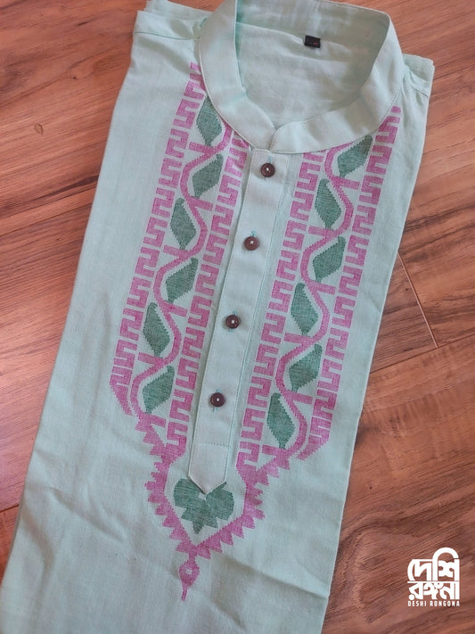 Original Dhakai Jamdani Men/Kid Punjabi, Pure Cotton, Mint Green Color, Loose Fit, Handwoven, Comfortable, Elegant, Made in Dhaka,Bangladesh