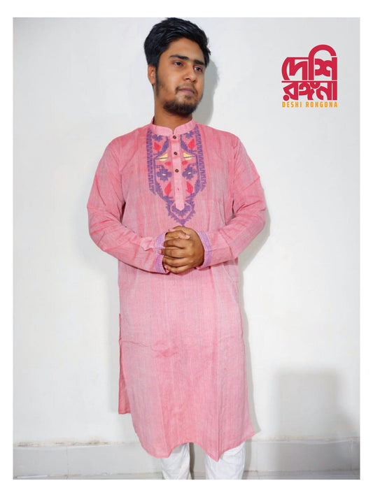 Original Dhakai Jamdani Men/Kid Punjabi, Pure Cotton, Salmon Pink Color, Loose Fit, Handwoven, Comfortable, Elegant,Made in Dhaka,Bangladesh