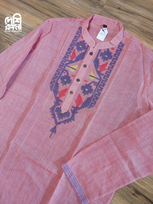 Original Dhakai Jamdani Men/Kid Punjabi, Pure Cotton, Salmon Pink Color, Loose Fit, Handwoven, Comfortable, Elegant,Made in Dhaka,Bangladesh